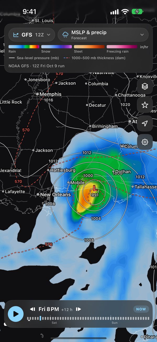 ScoutWx on iPhone in Forecast mode: the GFS 12Z run’s mean sea-level pressure and precipitation by type at 12 hours, the storm inland near Mobile