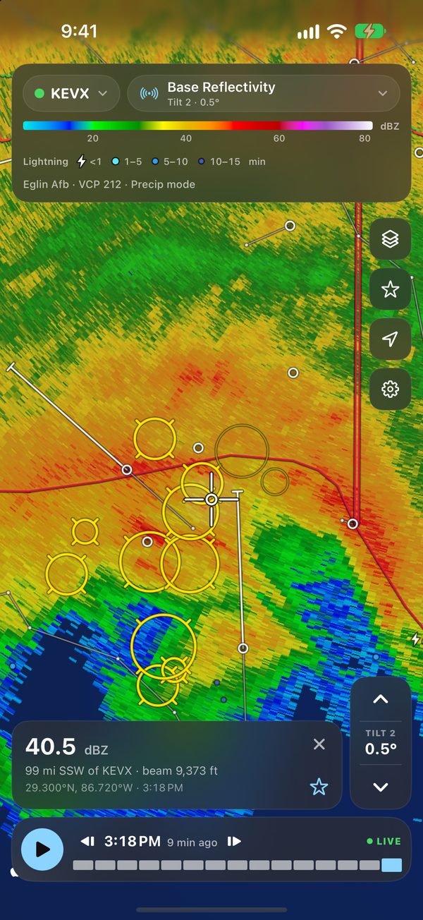 ScoutWx on iPhone: the inspector reading 40.5 dBZ, 99 miles south-southwest of KEVX, beam height 9,373 feet