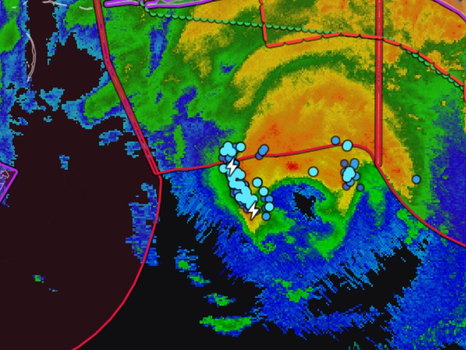 Detail of the hurricane capture: clusters of lightning flashes over Isaias’s rain bands, the newest drawn as white bolts