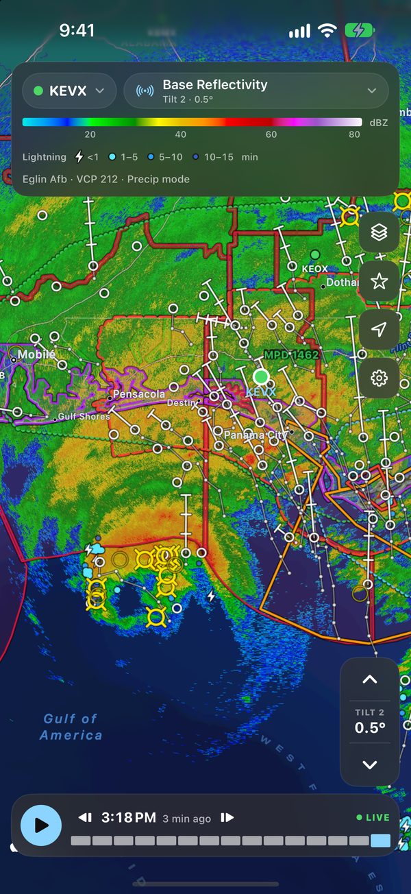 ScoutWx on iPhone: KEVX base reflectivity at 0.5 degrees, Hurricane Isaias’s rain bands under warnings, with storm tracks and lightning