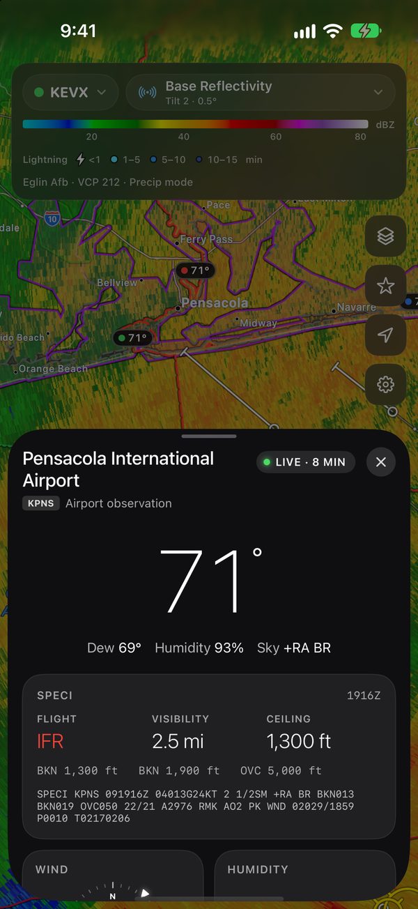 ScoutWx on iPhone: Pensacola International Airport’s decoded report, 71 degrees, IFR in heavy rain and mist