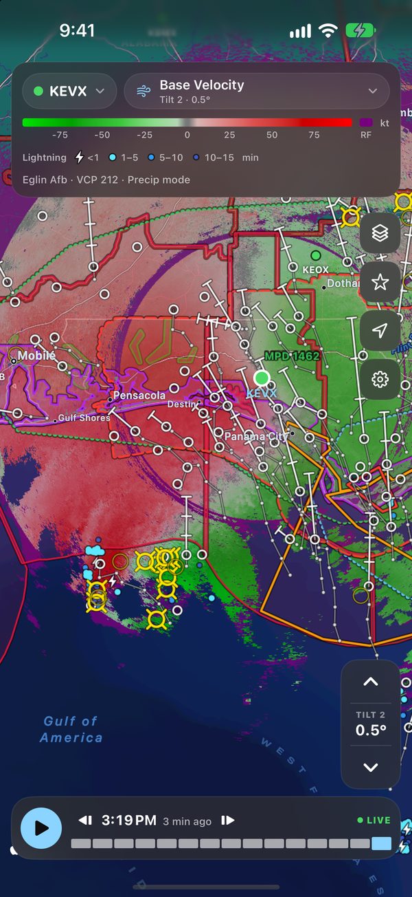 ScoutWx on iPhone: KEVX base velocity at 0.5 degrees showing the hurricane’s circulation